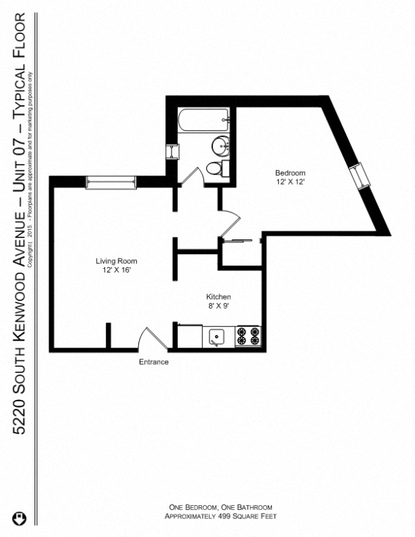 Floor plan for 1 bed, 1 bath, 499 sqft